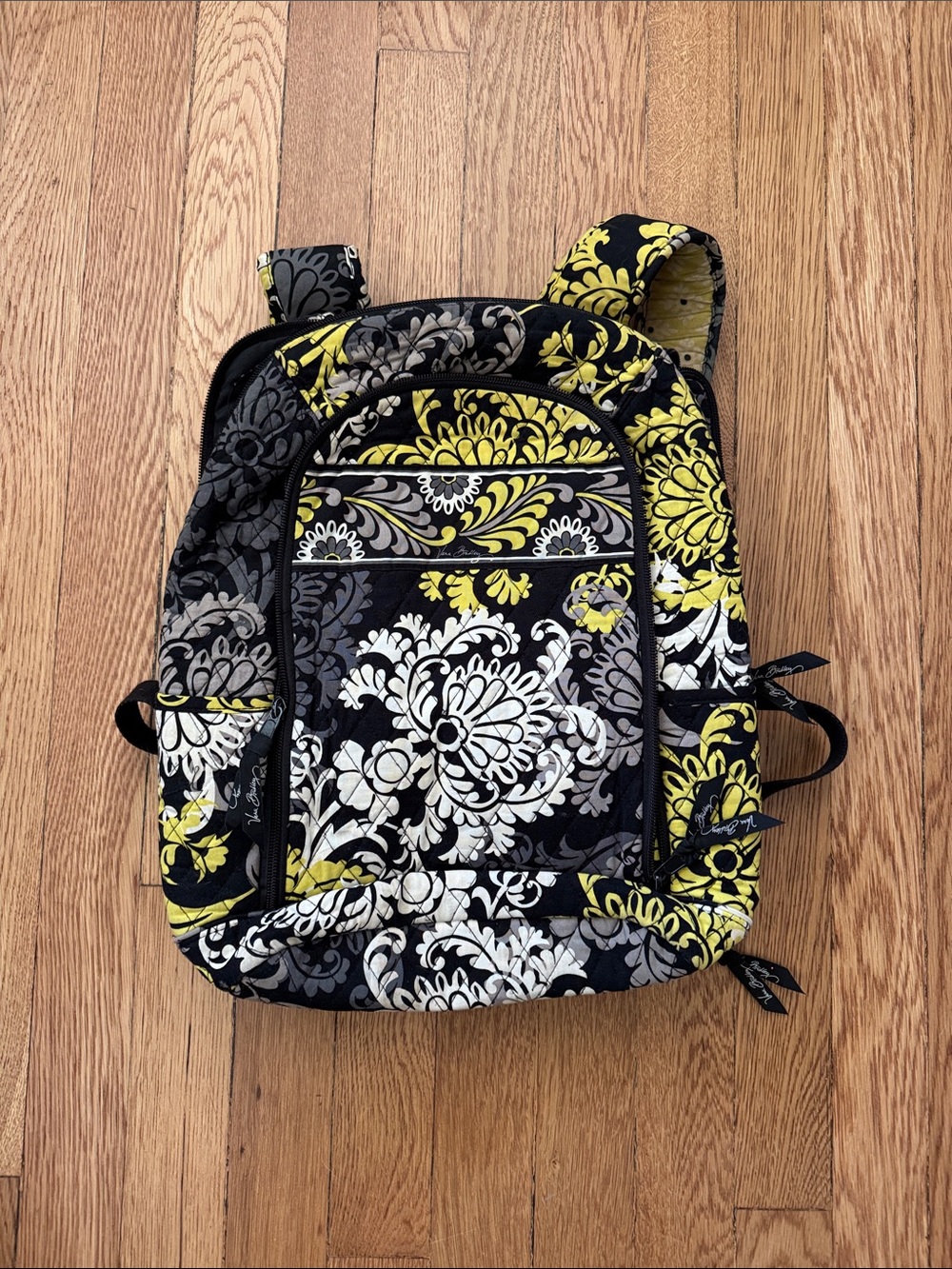 Vera Bradley Quilted Floral Backpack in Black, White & Yellow
